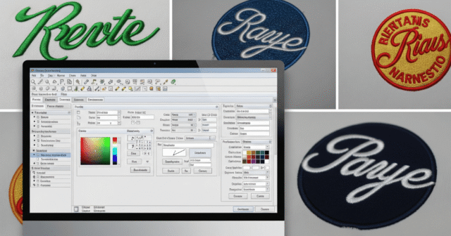 A computer screen displaying embroidery digitizing software alongside stitched logos.
