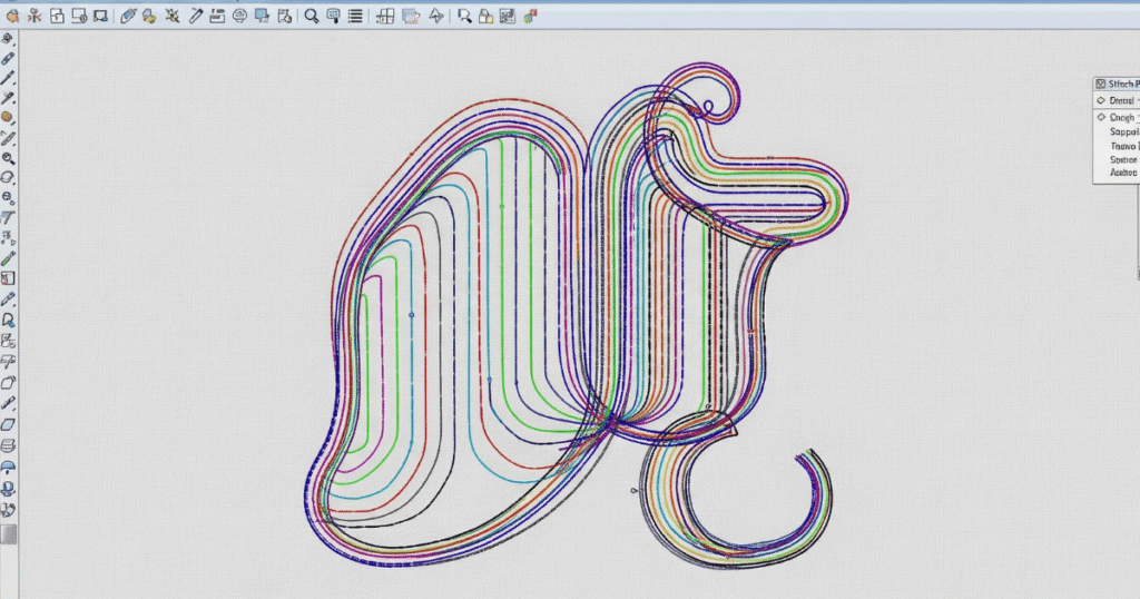 A close-up of stitch pattern preview within embroidery software, showing path sequences.