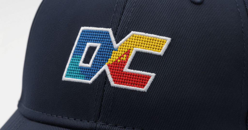 Digitized logo stitching smoothly on a cap with neat satin edges.